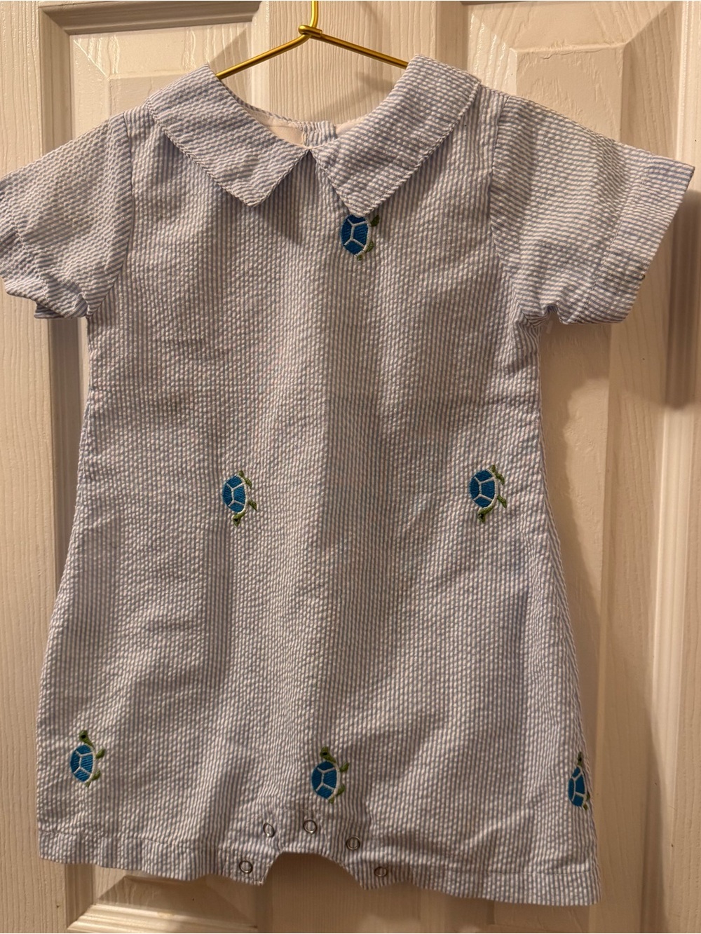 Blue, White Seersucker Toddler Romper, Turtle Embroidery Short Sleeve Collared